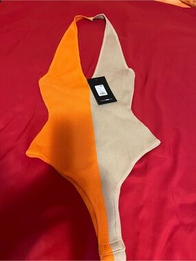 Fashion Nova Orange and Beige Ribbed Halter Bodysuit